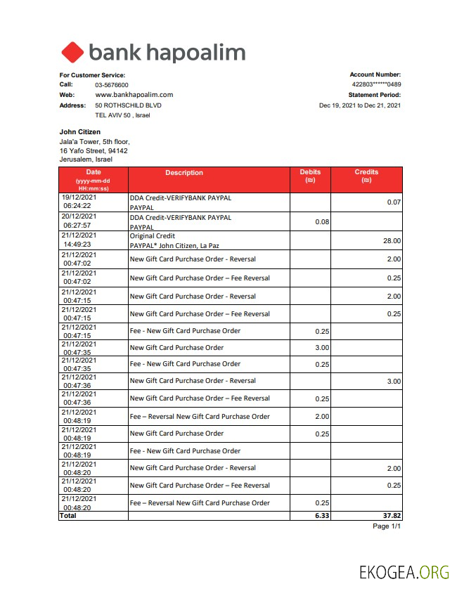 Relevé bancaire de la Banque israélienne Hapoalim, modèle facile à remplir au format de fichier .xls et .pdf